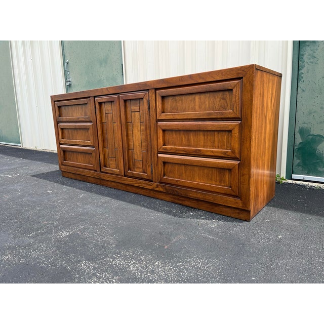 Wood 1960s Dixie 9-Drawer Brutalist Walnut Triple Long Dresser For Sale - Image 7 of 12