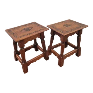 Late 19th Century Pair of Jacobean Oak Joint Stools With Carved Top