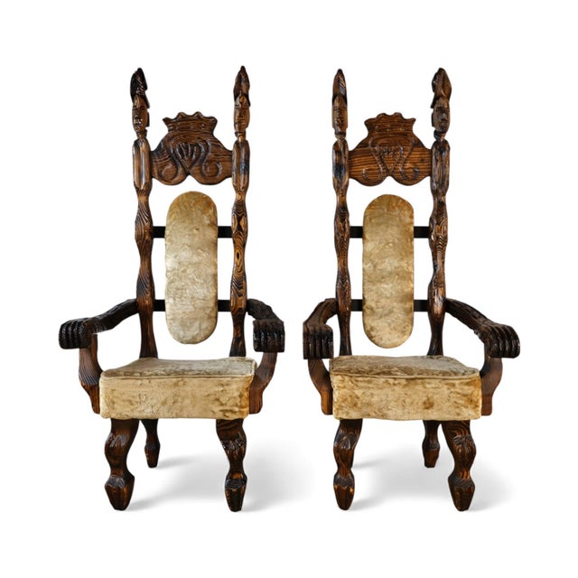 This rare pair of 1960s Witco throne chairs captures the dramatic, hand-carved Tiki aesthetic the company became known for...