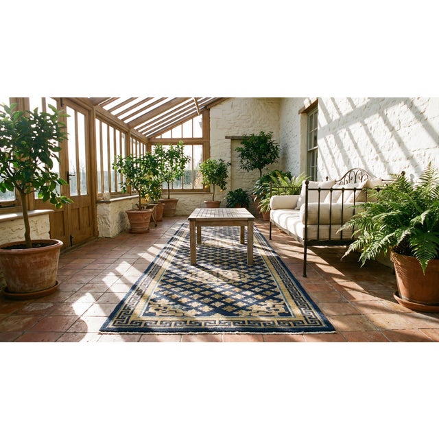 1800s Blue Navy Geometric Antique Chinese Ningxia Rug 2'2" X 13'10" Handknotted Wool Carpet For Sale - Image 9 of 10
