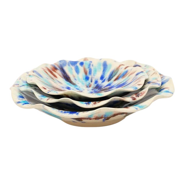 Bunny Williams Home Ruffle Nesting Trays, Ivory/Umber/Blues - Set of 3 For Sale