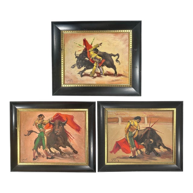 Set of 3 Mid-Century Bullfighting Oil Paintings Signed J. Yepez. For Sale