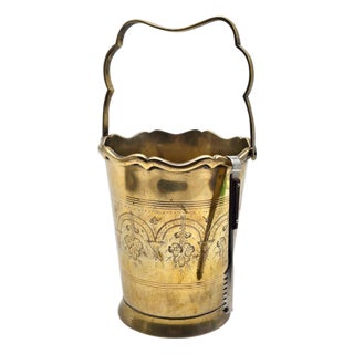 Brazilian Etched Brass Ice Bucket — Floral Engraved — Insert & Tongs 7.5" For Sale
