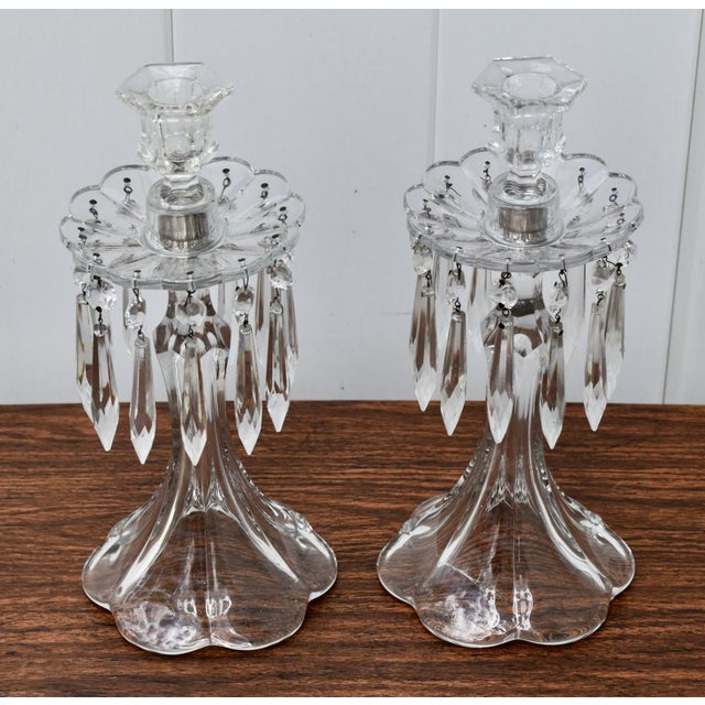 Vintage Art Nouveau Style Pair of Crystal Candlesticks W/Hanging Prisms For Sale - Image 12 of 12