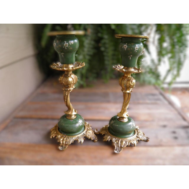 Antique Pair Ornate Victorian Brass & Enamel Candlesticks Rococo Baroque Revival Style This is a lovely pair of brass and...