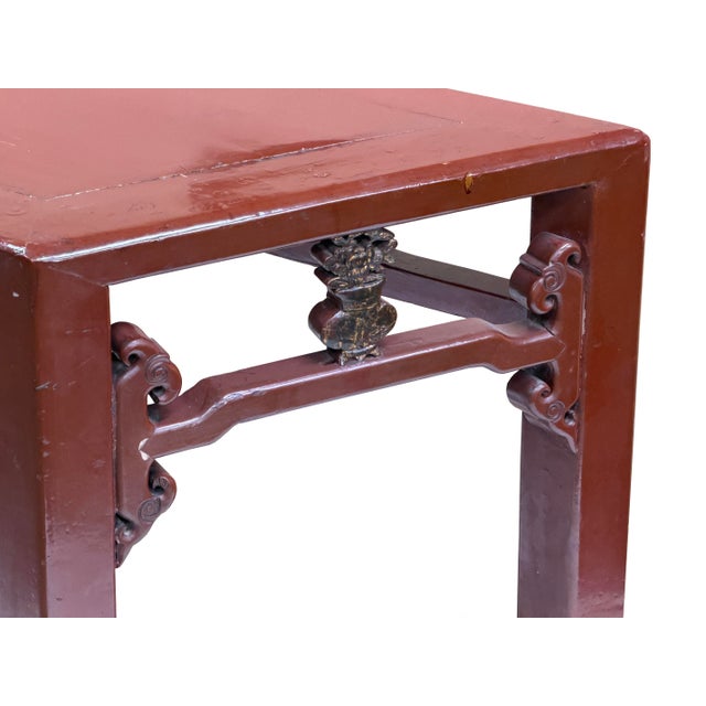 Distressed Reddish Brown Trapezoidal Geometric Lattice Panel Console Table For Sale - Image 13 of 13
