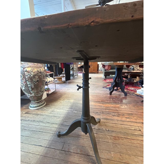 Industrial Industrial Salvaged Tilt Top Wood Work Table With Iron Base For Sale - Image 3 of 18