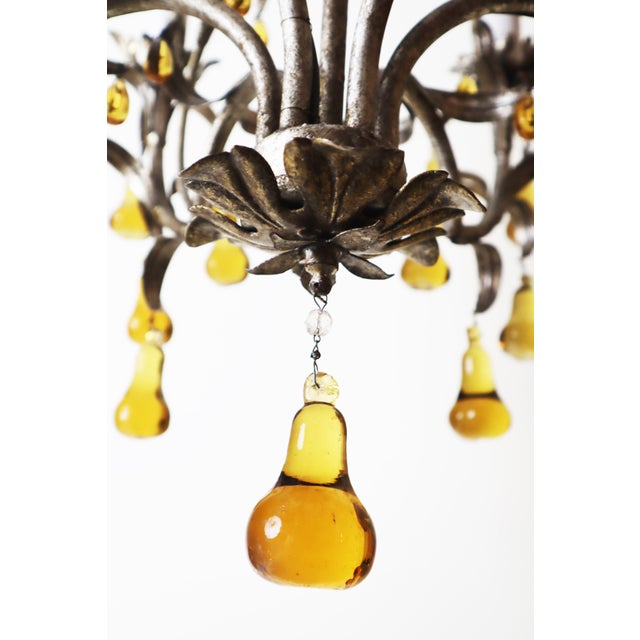 Venetian Six-Light Silver Chandelier with Amber Pear Fruit Murano Glass, 1960s, in Very Good conditions. Designed 1920 to...