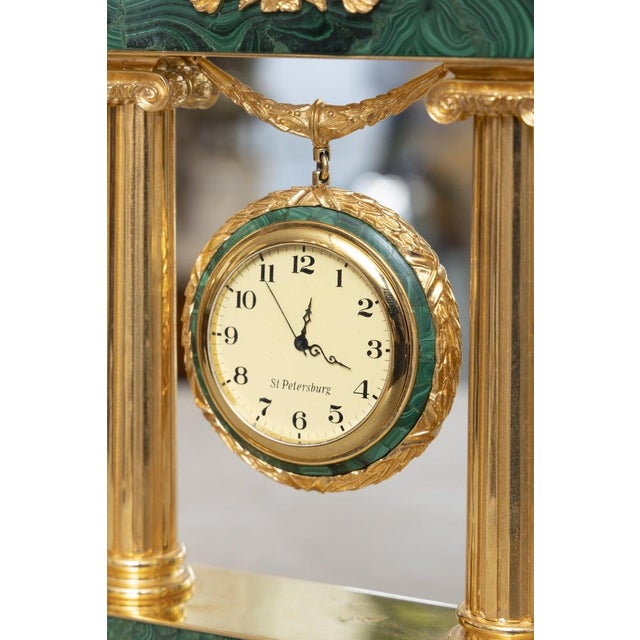 Traditional Mid 20th Century Empire Style Malachite and Gilt Bronze Portico Clock For Sale - Image 3 of 8