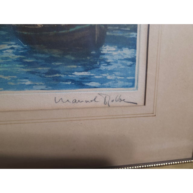 Manuel Robbe Aquatint Art of Sainte Maxine Harbor. It is signed and numbered in the original frame.
