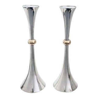 1970s Dansk Silverplate Candlesticks by Jens Quistgaard, With Gold Beaded Center, Made in Japan - a Pair For Sale