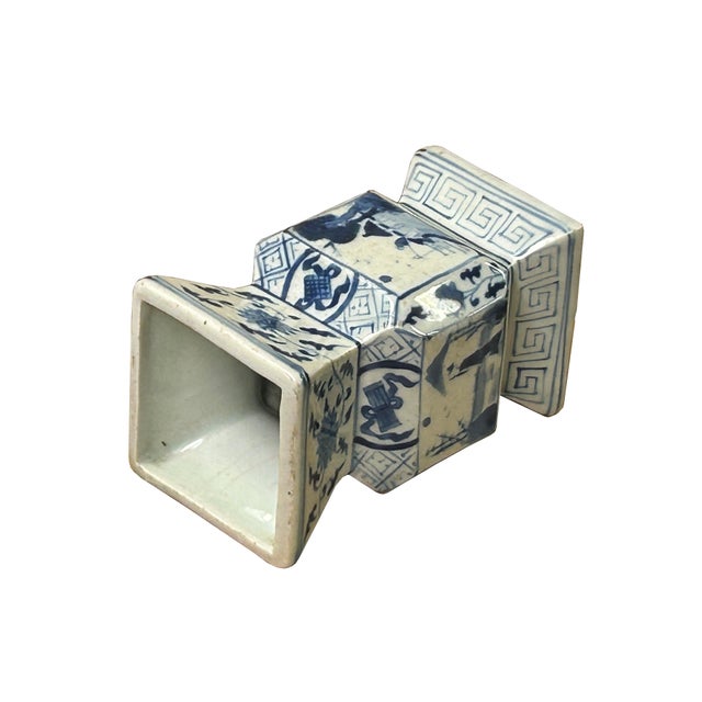 Blue Vintage Pale Blue White Scenery Graphic Square Porcelain Vase 2 For Sale - Image 8 of 9