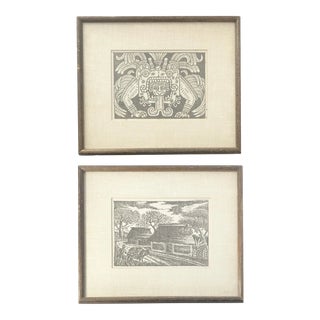 1970s Eliezer Canul Pair of Mexican Folk Art Aztecan Framed & Matted Cloth Prints For Sale