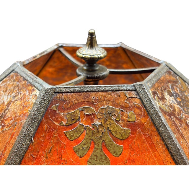 Antique 1910s Edward Miller Table Lamp With Original Copper Finish, 1920s Orange and Gold Mica Shade With Rewired Pullchain Socket For Sale - Image 15 of 18