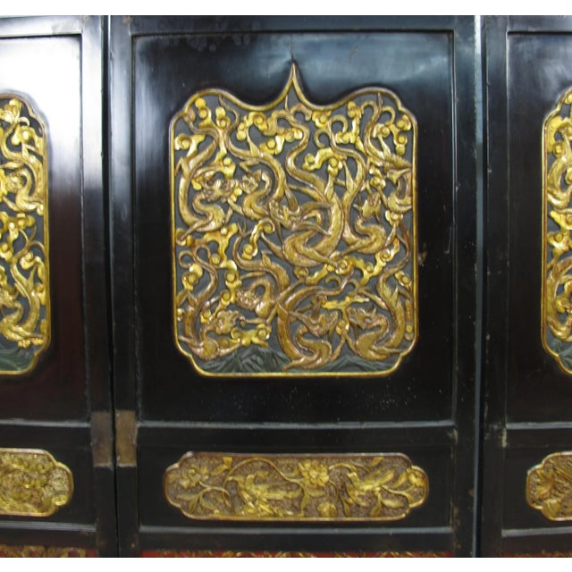 Antique Chinese Room Divider W Hand Carved & Gilded Dragons on Both Sides - Set of 4 For Sale - Image 12 of 13