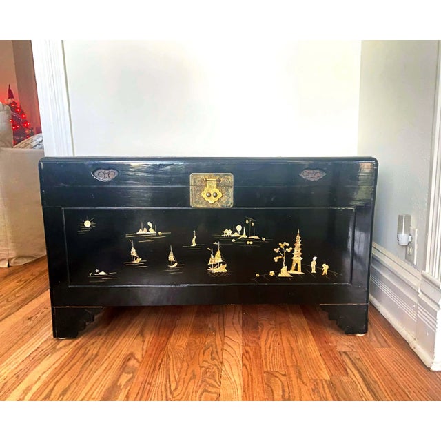 Vintage Black Lacquer Chinoiserie Wedding Chest With Mother of Pearl Inlay Sailboats and Island Scenes For Sale - Image 13 of 13