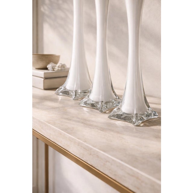 Graduated Sculptural Opaline Cased Art Glass Trumpet Vases – Set of Three (27.5”, 15.5”, 12.25”) For Sale - Image 4 of 7