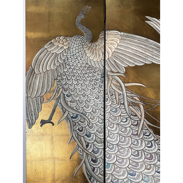 Modern Vintage Gilt Peacock 4-Panel Folding Screen, Maitland Smith Attributed, Asian Modern For Sale - Image 3 of 6