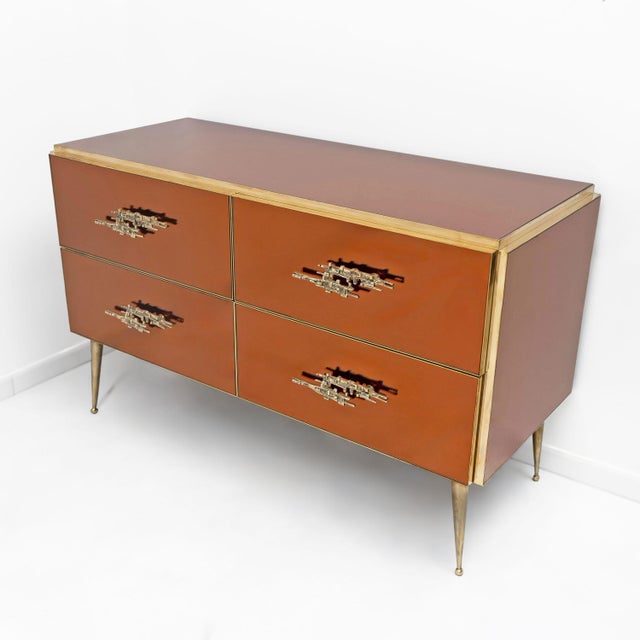 Metal Mid-Century Modern Style Amber Mirrored Chest of Drawers with Brass Details, 2000 For Sale - Image 7 of 7