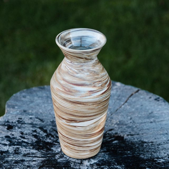Marbled stoneware angular vase, wheel-thrown from marbled white and red stoneware and coated with "Crystal Clear" glaze....