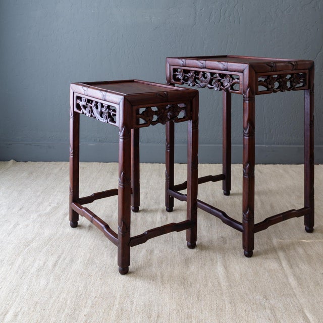 Asian Rosewood Nesting Tables With Carved Faux Bamboo Bird and Flower Fretwork For Sale - Image 11 of 18