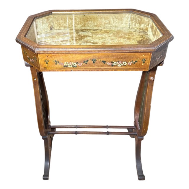 Antique Floral Painted Adam’s Style Mahogany Lift Top Vitrine Curio Display Cabinet For Sale