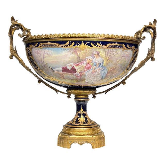 19th Century French Sevres Louis XV Style Porcelain Gilt Bronze Centerpiece Bowl For Sale