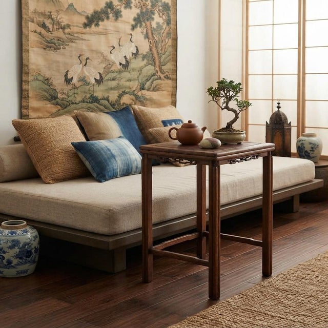 Asian Vintage Oriental Simple Geometric Apron Rectangular Brown Side Table For Sale - Image 3 of 7