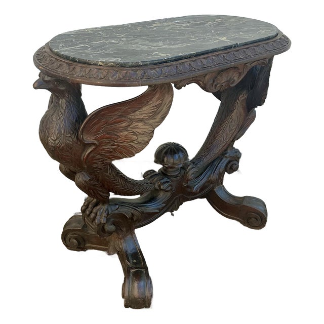 Antique Walnut Carved Spread Wing Eagles Base Marble Top Table For Sale