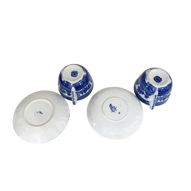 Blue Vintage Blue & White Porcelain Willow Pattern Set of 4 Tea Cups For Sale - Image 8 of 10