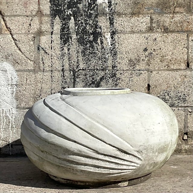 White Vintage White Deco Style Cement Planter With Ridges For Sale - Image 8 of 8