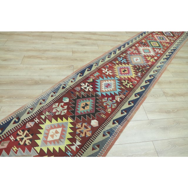 Textile 1970s Southwestern Style Hand Knotted Red Oushak Kilim Runner Rug 2.6 X 13.4 Ft For Sale - Image 7 of 8