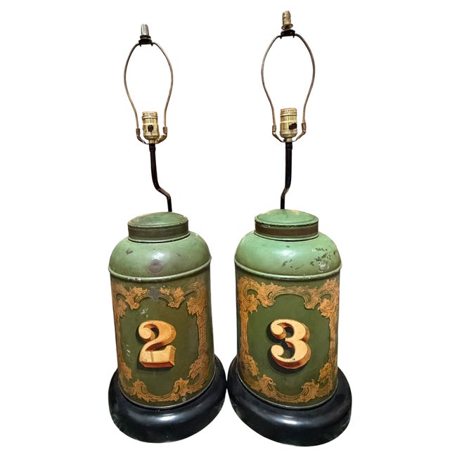 Pair of Antique Tole Tea Canister Table Lamps.