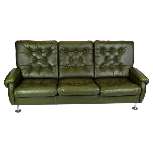 3-Seater Sofa in Dark Green Leather with Chrome Legs, 1970s For Sale - Image 11 of 11