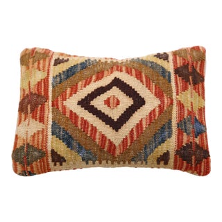 Arteverk Handwoven Afghan Kilim Lumbar Pillow — Red & Blue Diamond Medallion For Sale