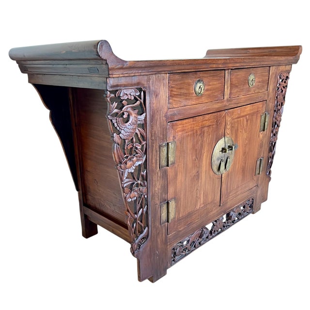 Antique Chinese Carved Elm Wood Altar Cabinet For Sale - Image 4 of 12