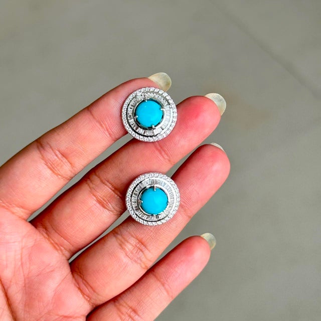 Art Deco 14k Gold 3.14ct Turquoise Cabochon & Diamond Double Halo Stud Earrings- A Pair For Sale - Image 3 of 15