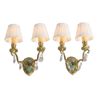 Vintage French Brass and Crystal Wall Sconces, 1940s, Set of 2 For Sale