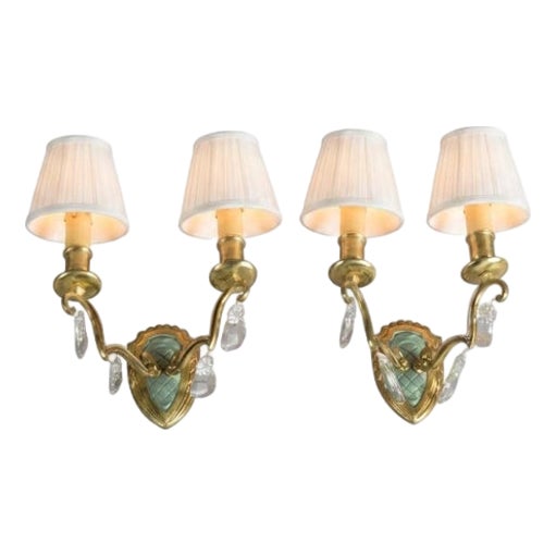 Vintage French Brass and Crystal Wall Sconces, 1940s, Set of 2 For Sale