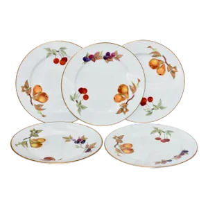 1990s Royal Worcester Evesham Plates Berries, Pear & Gold Trim- Set of 5