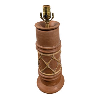 Vintage Pottery Table Lamp With Woven Rattan Rope For Sale