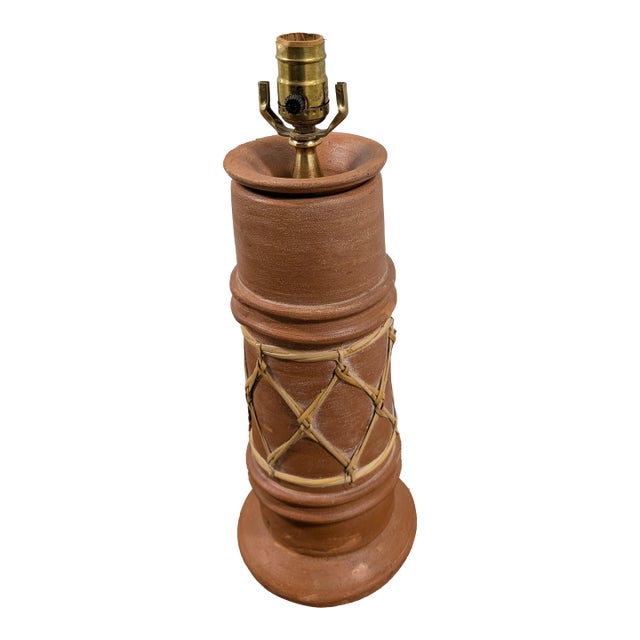 Vintage Pottery Table Lamp With Woven Rattan Rope For Sale