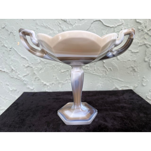 Art Deco 1970s Westmoreland Gray & White Slag Glass Pedestal Compote With Handles For Sale - Image 3 of 10