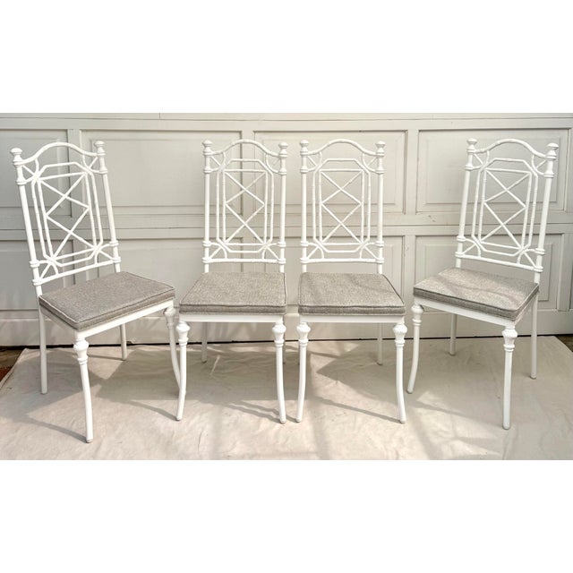 Mid 20th Century Set of 4 Restored Kessler Faux Bamboo Fretwork Chinoiserie Dining Chairs, Indoor/Outdoor For Sale - Image 5 of 17