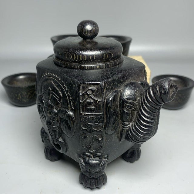 Black Late 19th CenturyCarved Faux Horn Elephant Teapot Set With Four Cups and Box For Sale - Image 8 of 9