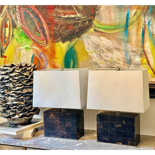 Arteriors Home Matching Pair of Mid-Century Postmodern Tessellated Horn Block Table Lamps, in the Iconic Style of ⁠Karl...