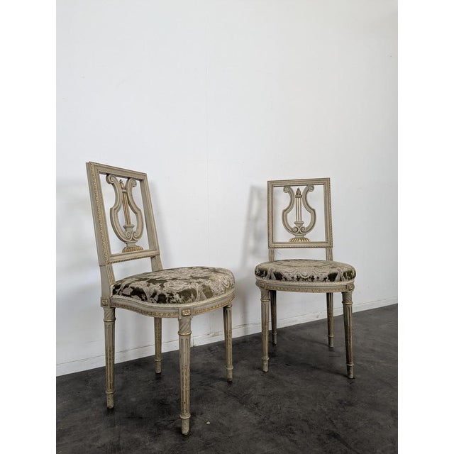 Louis XVI Style Cream Lacquered and Upholstered Cabriolet Salon Set with Gilded Highlights, Set of 6 For Sale - Image 14 of 18