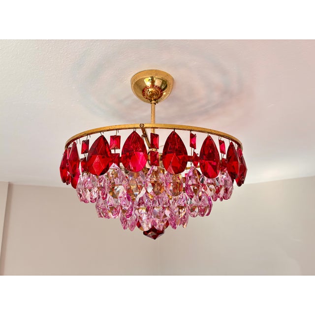 Vintage French Style Crystal Chandelier – Hand-Painted Pink & Ruby Red Prisms For Sale - Image 11 of 18