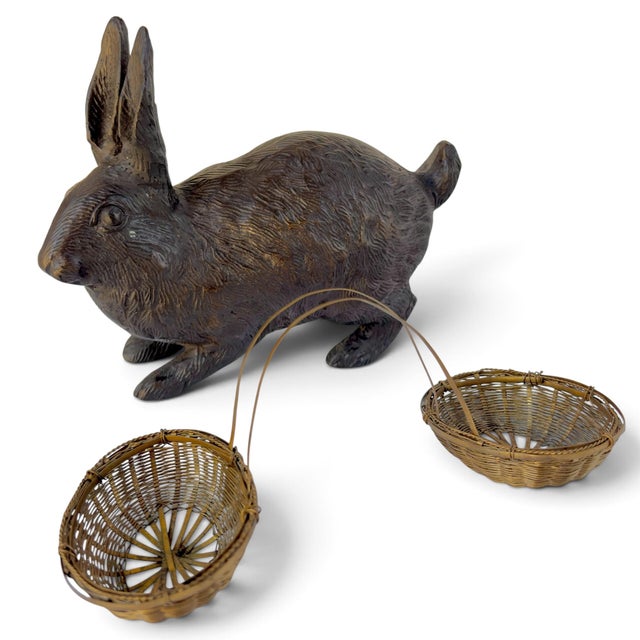 Mid 20th Century Bronze Bunny Rabbit Sculpture With Woven Brass Baskets Edwardian-Style For Sale - Image 10 of 18
