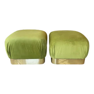 Vintage Pair Upholstered Green Velvet Brass Benches Poufs Karl Springer Style